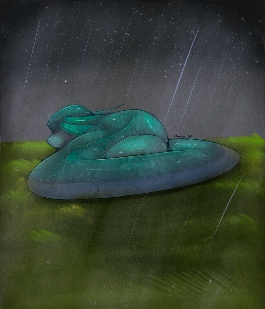 curled_up depression emotionless female feral fog glistening glistening_body grass_field lonely night raining solo star wet envyblacksun mythology envy_(envyblacksun) aquatic_dragon dragon marine mythological_creature mythological_scalie reptile scalie absurd_res hi_res