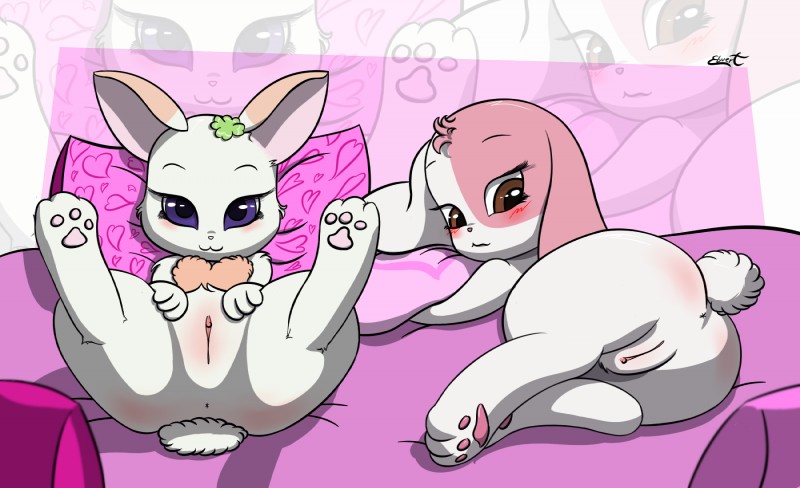 :3 anthro anus bed bedroom_eyes blush brown_eyes butt chest_tuft clitoris clover_(plant) duo eyebrows eyelashes female fur furniture genitals half-closed_eyes japanese long_ears looking_at_viewer looking_back lying narrowed_eyes orange_body orange_fur pawpads paws pillow pink_body pink_fur pink_nose plant presenting presenting_anus presenting_hindquarters presenting_pussy purple_eyes pussy seductive shamrock short_fur short_tail shy smile spread_legs spreading tail tatsuyama tuft white_body white_fur young young_anthro ebvert happy_happy_clover sayuri_tatsuyama clover_(happy_happy_clover) mallow_(happy_happy_clover) sayuri domestic_rabbit lagomorph leporid lop_rabbit mammal oryctolagus rabbit hi_res