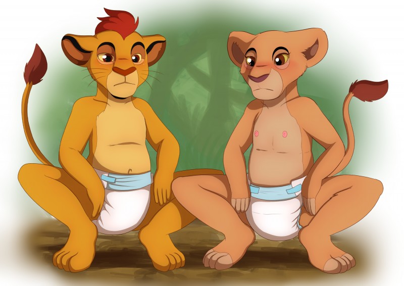 anthro anthrofied blush brown_eyes brown_hair clean_diaper clothed clothing crouching diaper diaper_only dirt duo female fur hair male navel nipples paws plant tan_body tan_fur topless tree wearing_diaper yellow_body yellow_fur young young_anthro launny disney the_lion_guard the_lion_king kiara_(the_lion_king) kion_(the_lion_guard) felid lion mammal pantherine hi_res