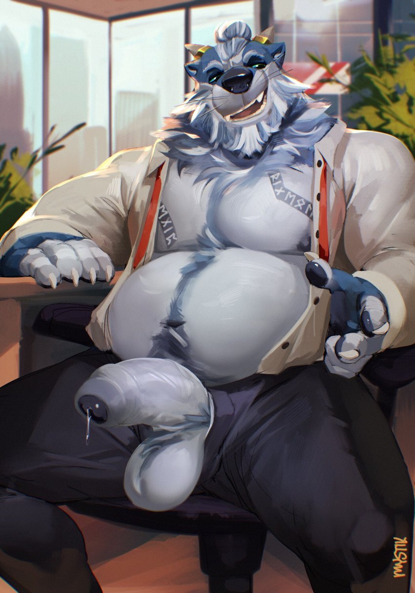 anthro balls beard belly big_belly blue_body blue_eyes blue_fur bodily_fluids body_hair claws clothed clothing facial_hair finger_claws foreskin fur genital_fluids genitals grey_body grey_fur hair half-erect happy_trail horn inside male mature_male musclegut muscular navel neck_tuft nipples open_clothing open_shirt open_topwear overweight overweight_anthro overweight_male pawpads penis precum runes shirt solo tied_hair topwear tuft mystikfox61 howlitebadger badger hybrid mammal mustelid musteline 2021 hi_res