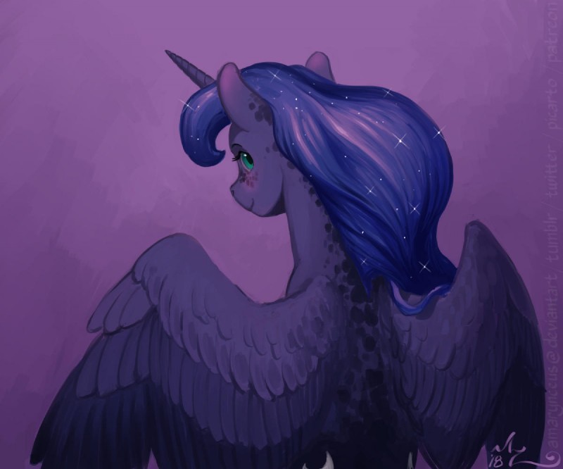 blue_hair blush dappled_fur freckles hair horn pose shy solo sparkles teal_eyes wings amarynceus friendship_is_magic hasbro my_little_pony mythology princess_luna_(mlp) equid equine mammal mythological_creature mythological_equine winged_unicorn 2018 6:5