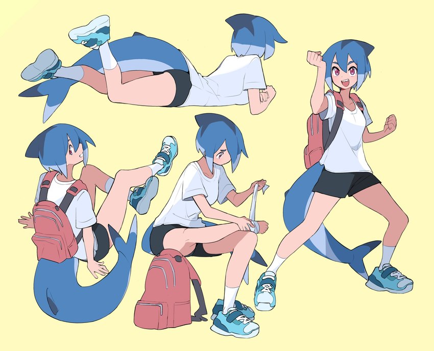 backpack bandage blue_hair bottomwear clothing female footwear hair light_body light_skin lying on_front rear_view red_eyes shark_tail shirt shoes short_hair shorts sitting socks solo standing t-shirt topwear azuumori mako_(azuumori) animal_humanoid fish fish_humanoid humanoid marine marine_humanoid shark_humanoid hi_res