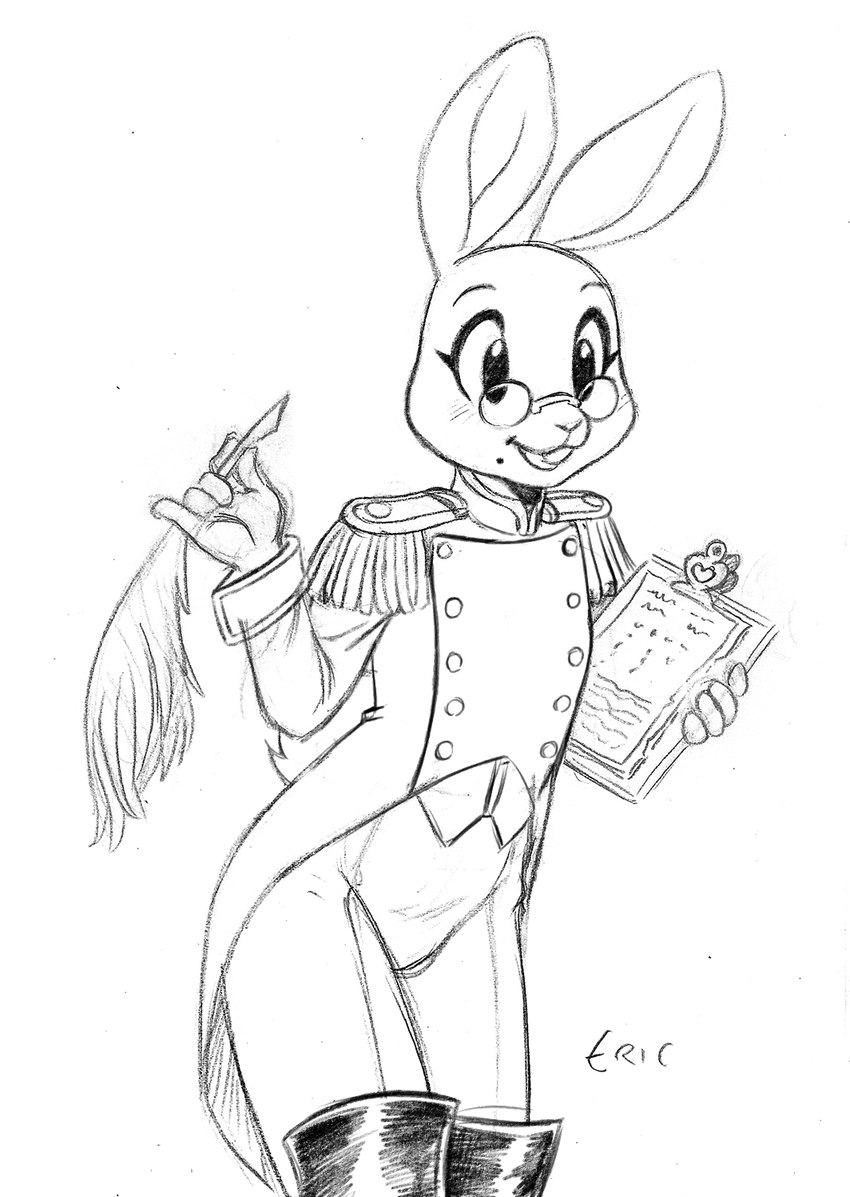 anthro buckteeth clipboard clothing epaulet eyewear femboy gesture glasses loose_feather male markings mole_(marking) open_mouth paper pinky_out quill solo teeth text uniform chochi eric_(chochi) lagomorph leporid mammal rabbit 2024 hi_res monochrome