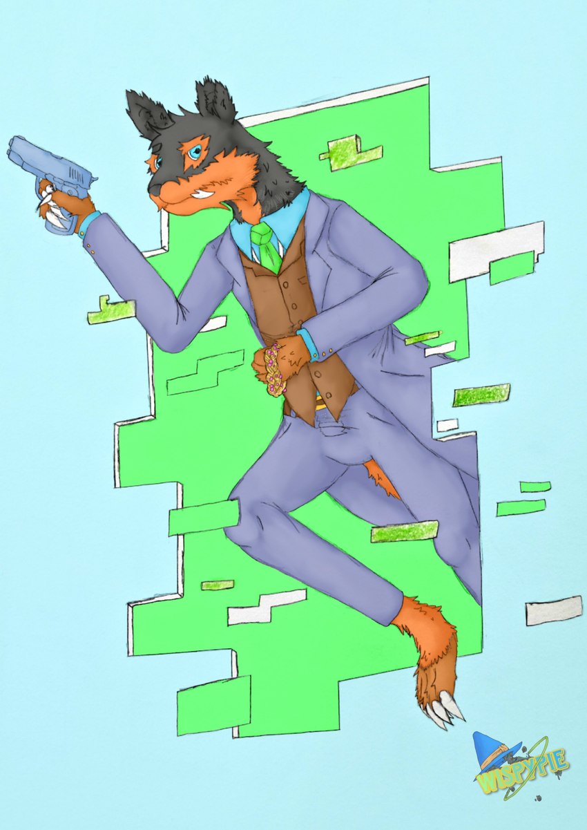 anthro black_body black_fur blue_eyes bottomwear bracelet brown_body brown_fur claws clothing coat fangs fur glitch gun handgun holding_object jewelry jumping looking_at_viewer magic magic_user male multicolored_body multicolored_fur necktie orange_body orange_fur pants pistol portal ranged_weapon shirt simple_background solo tail teeth topwear vest weapon wispypie mythology warren_crawford canid canine mammal mythological_canine mythological_creature vampire werecanid werecanine werecreature werewolf absurd_res hi_res