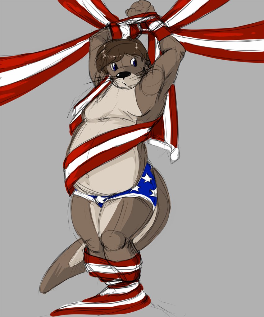 american_flag american_flag_underwear anthro arms_tied bdsm belly blue_eyes bondage bound brown_body brown_fur brown_hair fur hair holidays legs_tied looking_offscreen male navel otter_tail simple_background solo uncertain united_states_of_america pandottermon 4th_of_july mammal mustelid otter 5:6