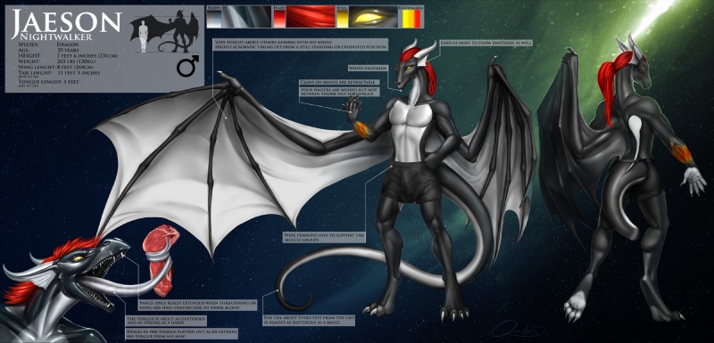 anthro birthmark bulge butt claws fangs hair horn male markings paws solo tail teeth text tongue wings quillu mythology jaeson_nightwalker dragon mythological_creature mythological_scalie scalie english_text hi_res model_sheet