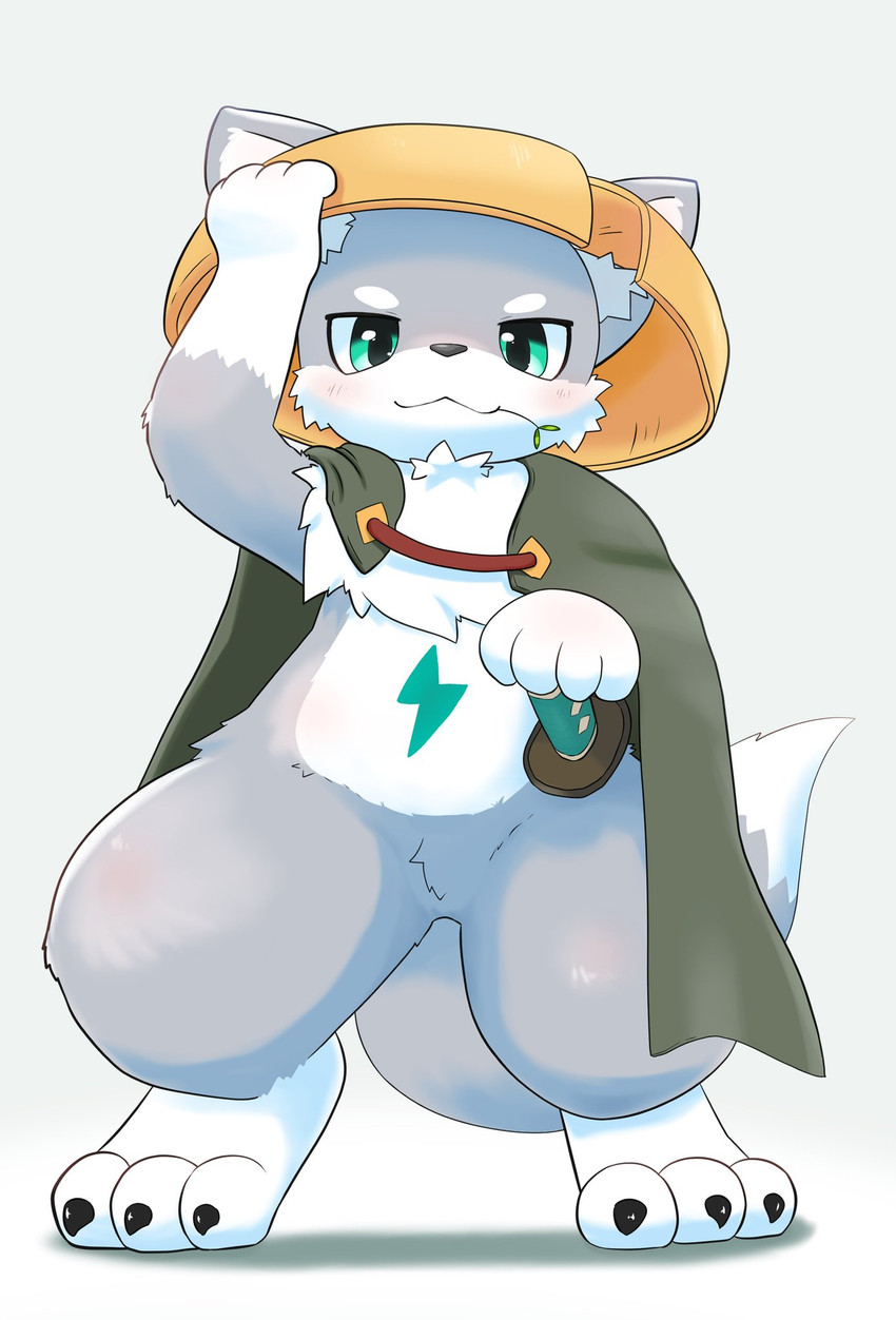 anthro blush cloak clothing digitigrade front_view fur green_cloak green_clothing grey_body grey_fur hand_on_hat hat headgear headwear inner_ear_fluff leaf lightning_bolt looking_at_viewer male melee_weapon multicolored_body neck_tuft simple_background solo standing sword tail tuft two_tone_body weapon white_background tawa_1908 opto canid canine canis mammal wolf 2025 hi_res