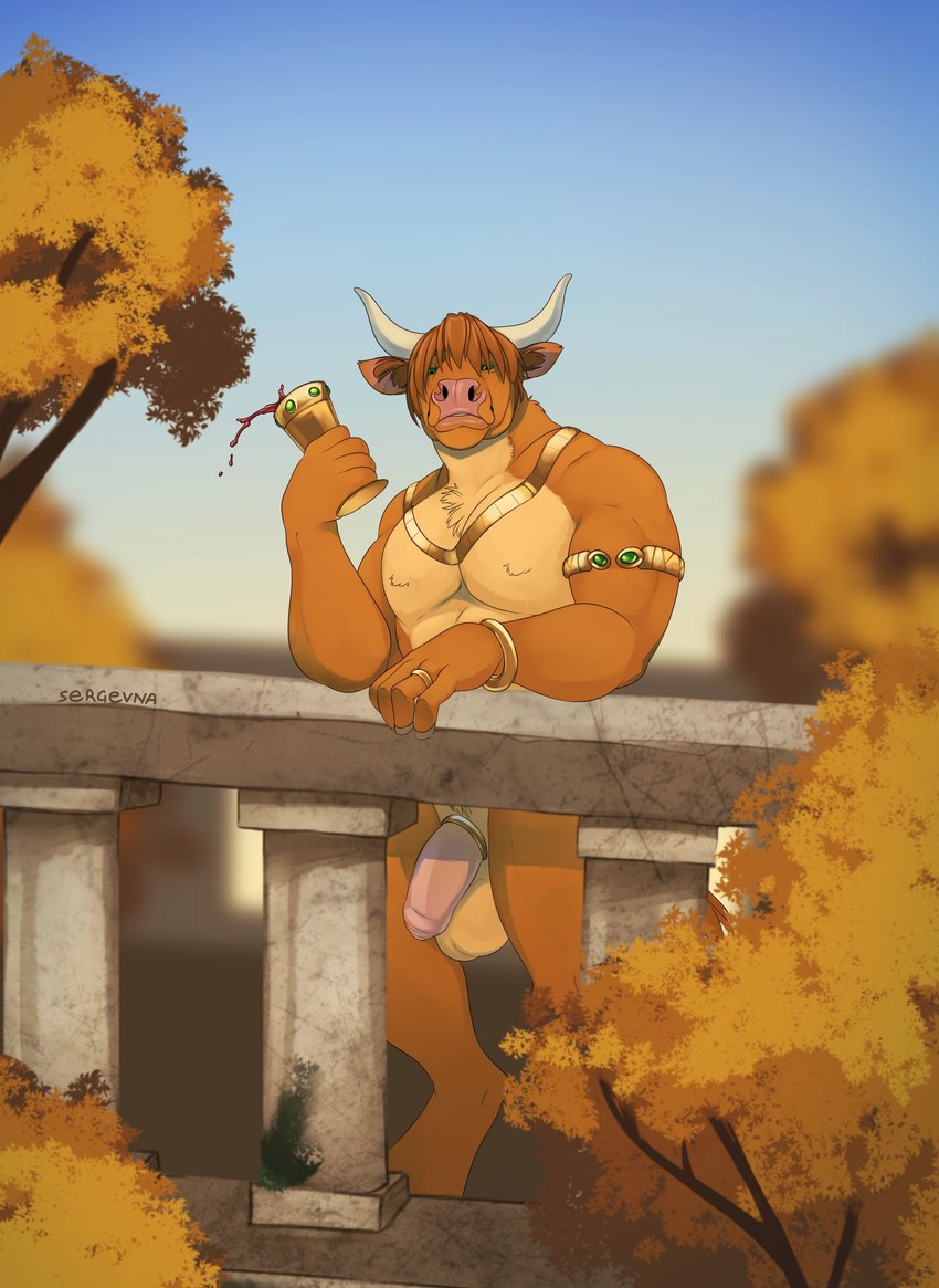accessory anthro armlet autumn balls beverage big_balls big_penis biped bracelet brown_hair cock_ring container countershade_balls countershade_genitalia countershade_neck countershade_torso countershading cup detailed_background digitigrade flaccid foreskin fur genitals goblet hair horn humanoid_genitalia humanoid_penis jewelry looking_at_viewer male muscular muscular_anthro muscular_male necklace nude outside penis penis_accessory penis_jewelry pink_nose plant ring sky solo standing tan_body tan_countershading tree sergevna bovid bovine cattle mammal 2021 absurd_res digital_drawing_(artwork) digital_media_(artwork) hi_res