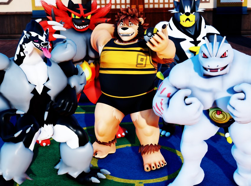 anthro black_body group male muscular muscular_anthro muscular_male overweight overweight_male red_body tongue tongue_out malicekira nintendo pokemon ross_(rossciaco) felid generation_1_pokemon generation_7_pokemon generation_8_pokemon humanoid incineroar legendary_pokemon lion machoke mammal obstagoon pantherine pokemon_(species) single_strike_style_urshifu urshifu 2023 3d_(artwork) digital_media_(artwork) hi_res mikumikudance_(artwork)