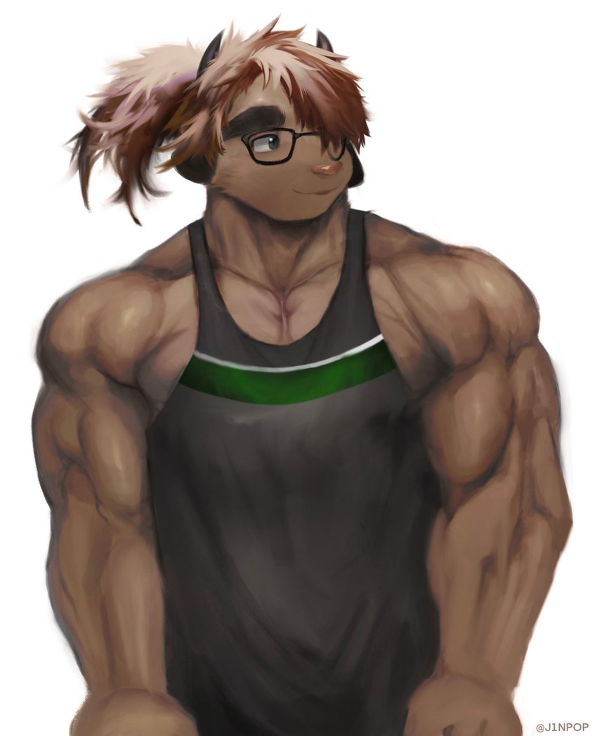 biceps big_muscles brown_body brown_fur clothed clothing eyewear fur glasses horn male muscular pecs shirt simple_background solo topwear white_background j1npop lifewonders tokyo_afterschool_summoners catoblepas_(tas) hi_res