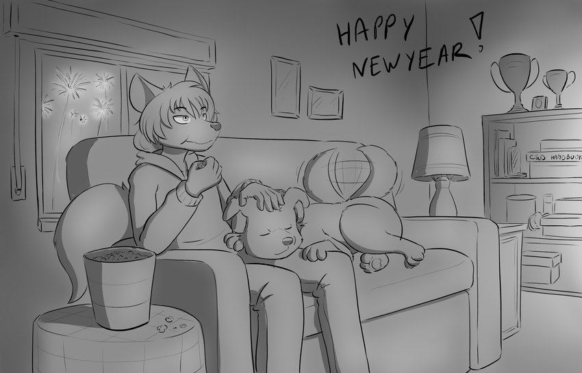 anthro award clothing eating feral fireworks food furniture holidays inside lamp male popcorn sitting sofa solo sweater text topwear trophy robin_dassen new_year twin_dragons_(webcomic) rex_(twin_dragons) canid canine canis domestic_dog mammal 2018 absurd_res english_text hi_res monochrome