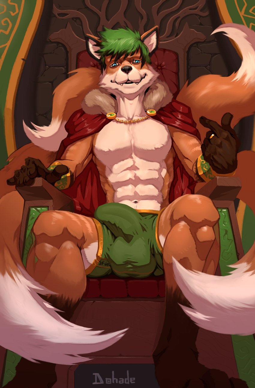 anthro beckoning bulge chair cloak clothing detailed_bulge furniture genital_outline gesture looking_at_viewer male multi_tail penis_outline royalty sitting solo tail throne dohade amoren_cinteroph canid canine fox mammal absurd_res hi_res