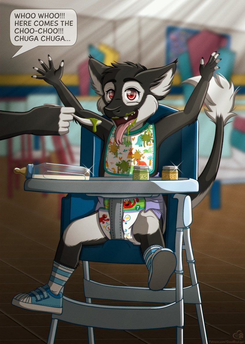 anthro baby baby_food bib clean_diaper clothed clothing diaper dirty_mouth feeding high_chair male solo text wearing_diaper young goodboyliger kago cetacean dolphin hybrid mammal marine oceanic_dolphin orca sergal toothed_whale english_text hi_res