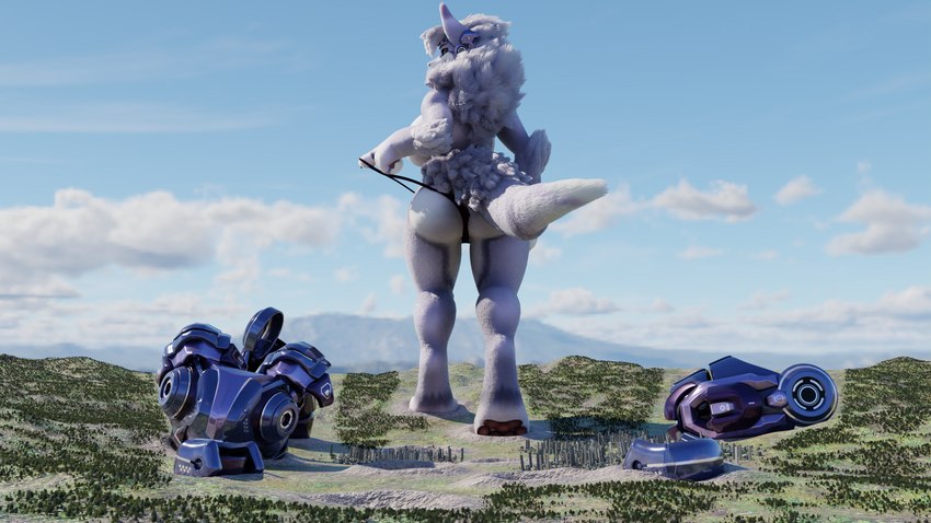 anthro armor armor_on_floor butt city clothed clothing cloud female fluffy fluffy_butt footprint forest haircut handpaw landscape looking_back macro mountain neck_tuft panties panties_only pawprint paws plant rear_view solo tail tail_aside teasing topless tree tuft underwear underwear_only the_tao_swordsman syko_(mamagen) mamagen 16:9 2022 3d_(artwork) digital_media_(artwork) hi_res widescreen