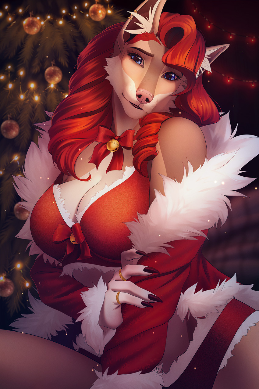 anthro bell bell_collar blue_eyes breasts christmas_tree clothed clothing collar ear_piercing eyebrows eyelashes female fluffy gold_ring gold_rings hair holidays lingerie looking_at_viewer orange_hair piercing pink_nose plant red_hair smile solo tree underwear lynjox christmas michelle_barretta_(michael_berretta1997) canid canine canis domestic_dog mammal 2020 digital_media_(artwork) hi_res