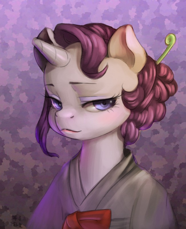 abstract_background accessory alternate_hairstyle asian_clothing blue_eyes clothed clothing east_asian_clothing female feral fully_clothed fur hair hair_accessory horn japanese_clothing kanzashi kimono looking_at_viewer purple_hair solo white_body white_fur mrs1989 friendship_is_magic hasbro my_little_pony mythology rarity_(mlp) equid equine mammal mythological_creature mythological_equine unicorn 2016 hi_res