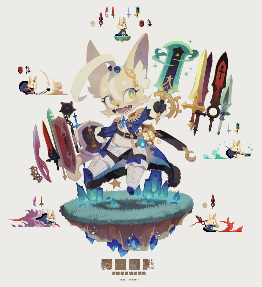 accessory ahoge ambiguous_gender anthro attack blonde_hair blue_bow bow_(feature) buckler cape center_grip_shield clothing clothing_bow cross_pupils crystal fangs fur grass hair hair_accessory heater_shield inner_ear_fluff kemono male medieval_shield melee_weapon motion_trail necktie object_swing open_mouth plant pupils shield simple_background smile solo star star_polygon sword symbol-shaped_pupils teeth tower_shield tuft twin_bows twin_clothing_bows unusual_pupils weapon weapon_swing weapon_trail yellow_body yellow_fur rikose felid feline mammal digital_media_(artwork) multiple_images pixel_(artwork)