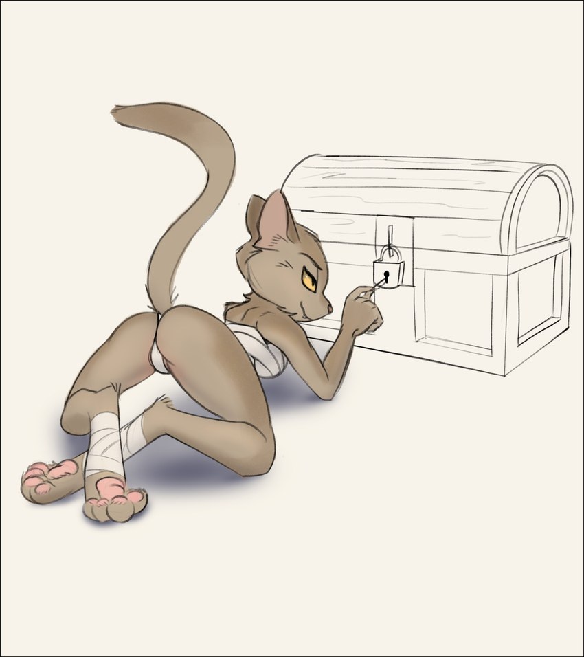 4_toes all_fours brown_body brown_fur butt chest_wraps clothing ellipsis feet female fingers foot_wraps fur lockpick lockpicking looking_at_viewer smile solo text toes treasure_chest underwear wraps yellow_eyes schmutzo microsoft the_elder_scrolls felid khajiit mammal 2021 english_text hi_res