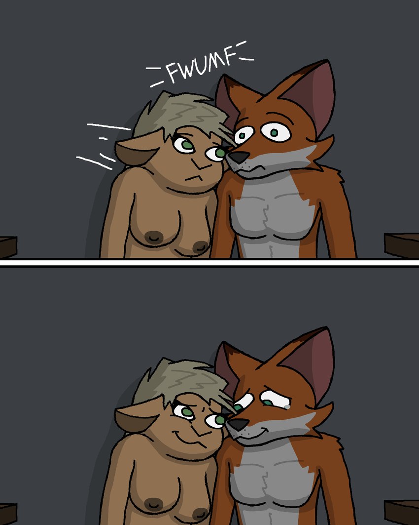 1940s_theme anthro bodily_fluids breasts comforting crying dark_lighting duo female male nipples nude pecs smile snout surprise tears tears_of_joy text tomboy myaxy annabelle_o'malley terrence_grant bovid canid canine caprine fox mammal sheep 4:5 absurd_res comic hi_res