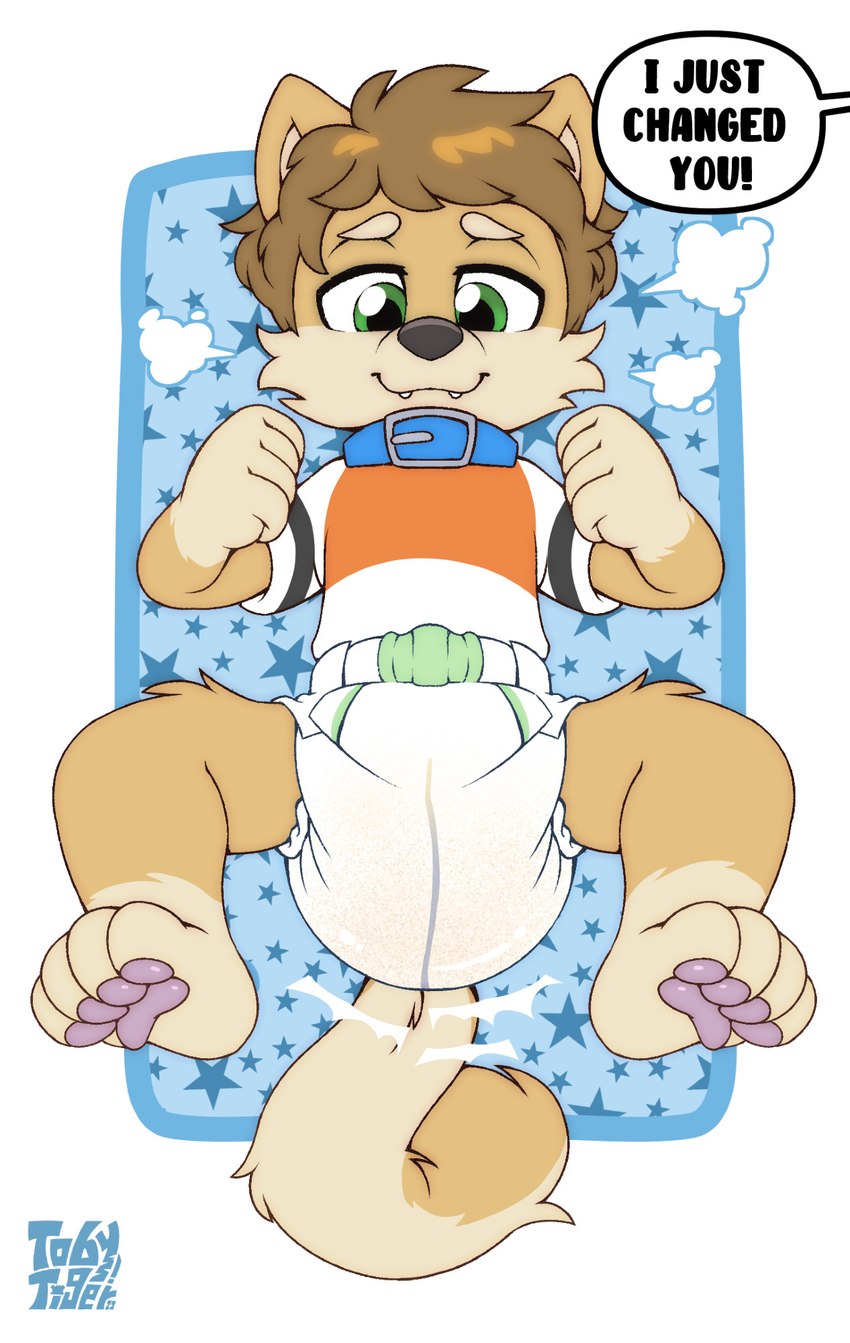 air_puff anthro baby bird's-eye_view brown_body brown_fur changing_mat choker clenched_hands clothed clothing dialogue diaper diaper_change feces feet fur half-closed_eyes high-angle_view hindpaw jewelry legs_up lying male narrowed_eyes necklace on_back pantsless paws pooping push pushing shirt soiled_diaper soiling soiling_diaper solo speech_bubble spread_legs spreading straining tail tan_body tan_fur text topwear unclean_diaper used_diaper using_diaper wetness_indicator young toby_tiger canid canine canis mammal wolf english_text hi_res