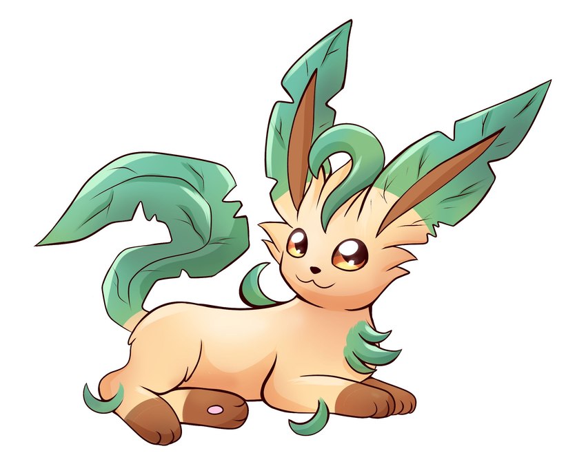 black_eyes black_nose brown_inner_ear brown_paws brown_sclera feral green_ears green_tail leaf leaf_ears leaf_tail lying male pawpads pink_pawpads simple_background smile solo tail tan_body white_background lunarturtle nintendo pokemon eeveelution generation_4_pokemon leafeon pokemon_(species) 2024 colored digital_media_(artwork) hi_res shaded