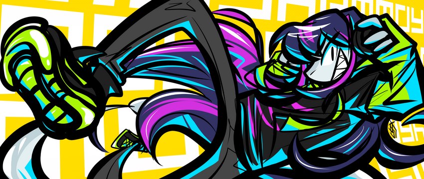 abstract_background ambiguous_gender anthro black_clothing black_topwear bottomwear clothing electronics footwear green_clothing green_topwear grey_body grey_bottomwear grey_clothing grey_skin grin hair headphones highlights_(coloring) holding_object logo long_hair looking_at_viewer pants purple_hair redesign sharp_teeth shirt shoes side_view simple_background smile solo superflat t-shirt teeth topwear undershirt y2k_(graphic_design) yellow_background quiflex halley_labs lapfox_trax mayhem_(renard) fish marine shark 2022 absurd_res artist_logo cel_shading colorful_theme full-length_portrait hi_res portrait shaded female_(lore)