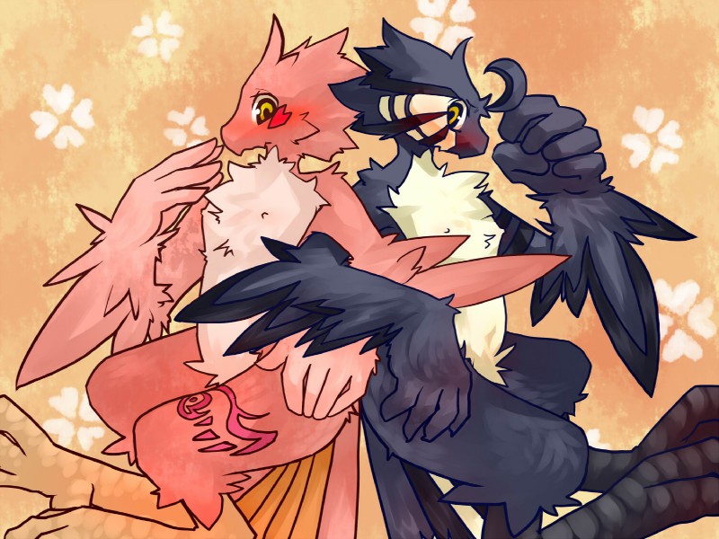 anthro beak blue_body blue_feathers blush crossed_arms duo feathers hand_holding love male male/male nipples nude pink_body pink_feathers kosian kuroba avian bird 4:3