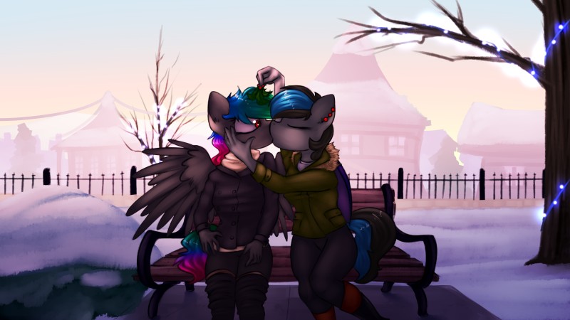 anthro duo female female/female holly_(plant) kissing plant tree marsminer hasbro my_little_pony brisk fan_character paintheart equid equine horse mammal pony 16:9 2017 absurd_res hi_res widescreen