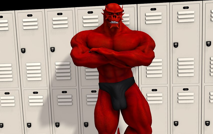 bulge clothed clothing detailed_bulge genital_outline locker locker_room looking_at_viewer male muscular penis_outline solo topless underwear reaver2kl4u reaver demon humanoid 3d_(artwork) digital_media_(artwork)