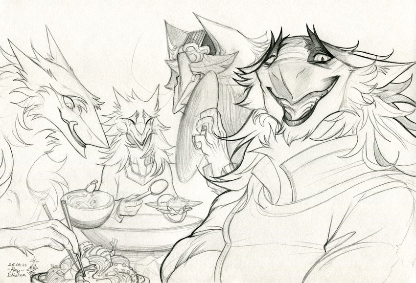 chopsticks clothing cutlery eyes_closed female feral food fur group hair kitchen_utensils licking licking_lips looking_at_viewer male open_mouth open_smile smile spoon tongue tools raesheris dachu_(dachubaisalis) sergal talyxian talyxian_stalker hi_res sketch