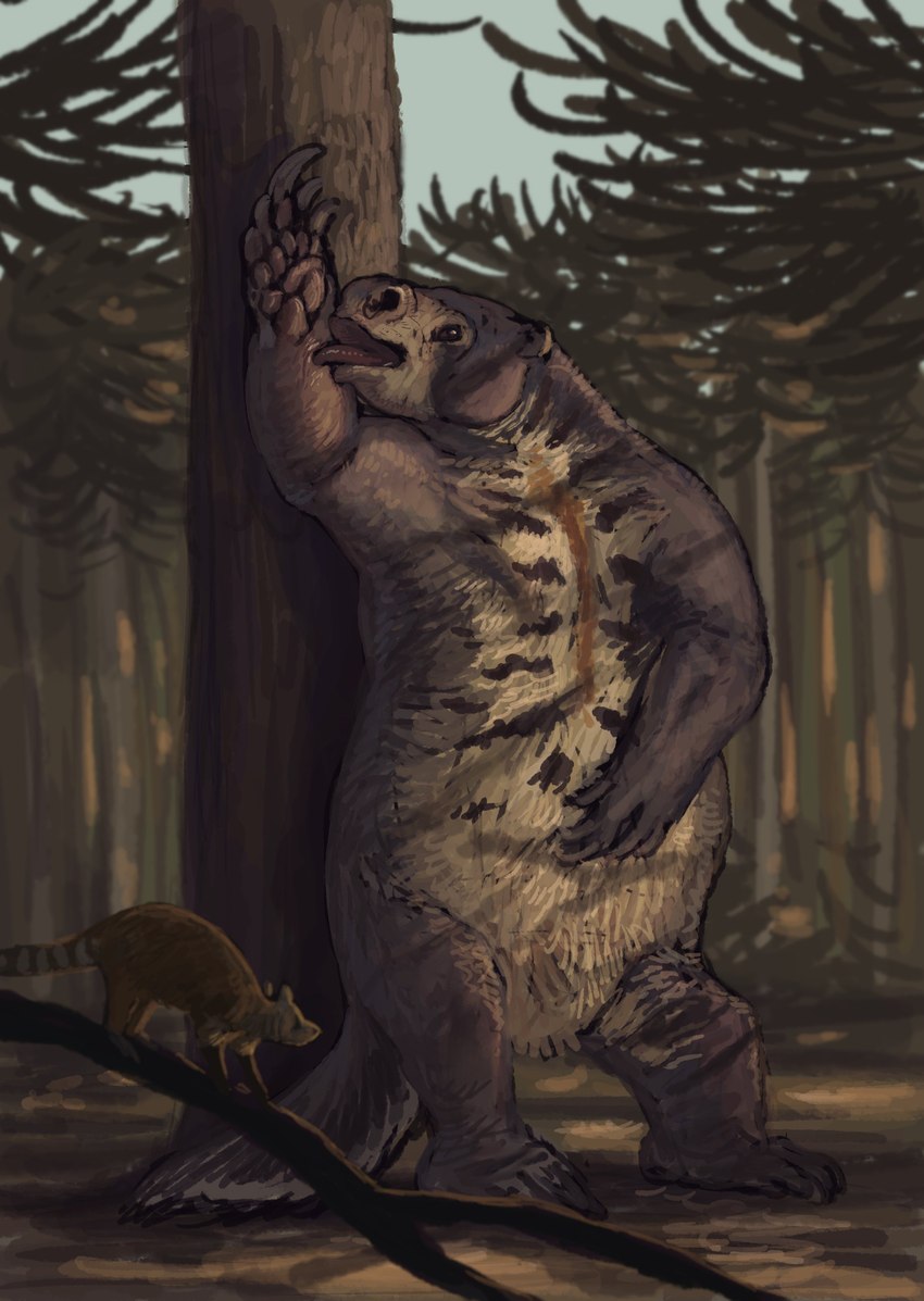 ambiguous_gender branch brown_body brown_eyes brown_fur claws detailed_background feral forest front_view fur hand_on_belly leaning_on_tree licking looking_aside on_hind_legs open_mouth pawpads plant quadruped raised_arm self_lick solo standing tail tongue tree knuppitalism glossotherium ground_sloth mammal pilosan prehistoric_species sloth xenarthran 2024 absurd_res digital_media_(artwork) digital_painting_(artwork) hi_res painting_(artwork)