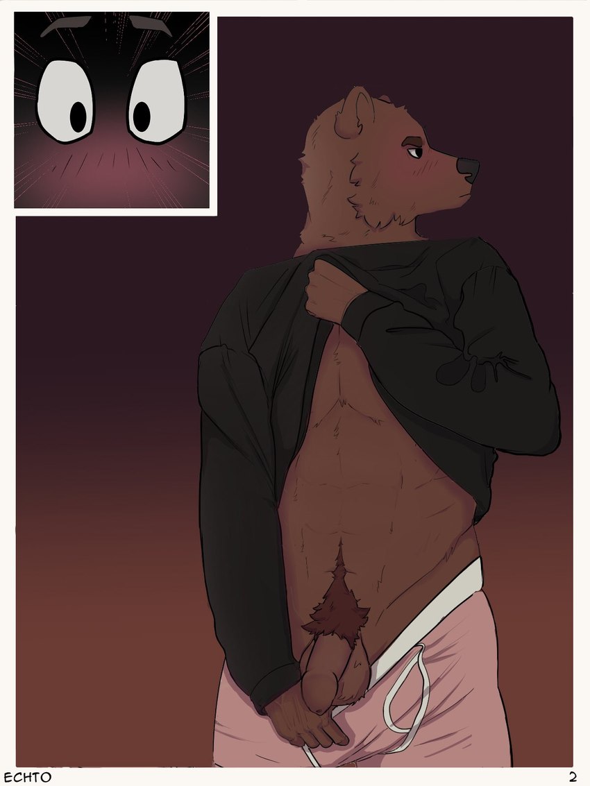 anthro balls biped black_clothing black_sweater black_topwear blush border brown_body brown_fur clothed clothing cutaway duo embarrassed flaccid foreskin fur genitals glans gradient_background humanoid_genitalia humanoid_penis long_foreskin looking_away male partially_clothed penis penis_awe presenting presenting_penis pubes raised_clothing raised_sweater raised_topwear shocked simple_background solo_focus sweater topwear underwear underwear_down white_border echto bear mammal 2021 3:4 artist_name comic hi_res