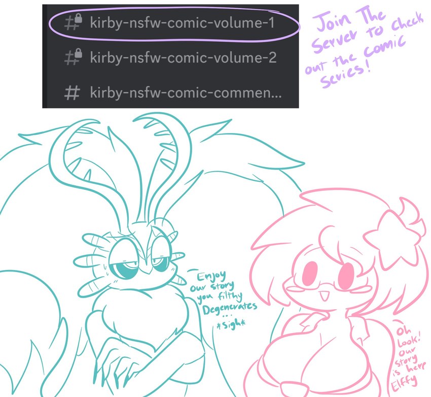 anthro antlers big_breasts breasts duo female hair horn male star text lewdchuu_(artist) discord_(app) kirby_(series) kirby_and_the_forgotten_land nintendo fecto_elfilis pyon_(lewdchuu) alien chinchillid mammal rodent starling_(species) english_text hi_res monochrome sketch