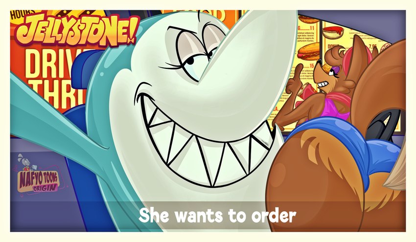 anthro bottomwear butt car_interior clothing countershading drive-thru duo eyebrows fast_food female food hotpants logo raised_eyebrow selfie sharp_teeth shorts teeth nafyo-toons hanna-barbera he_wants_to_order jabberjaw jellystone_(hbo_max) loopy_de_loop boga_squeak jabberjaw_(character) loopy_(loopy_de_loop) canid canine canis fish mammal marine mouse murid murine rodent shark wolf 2022 artist_logo hi_res meme