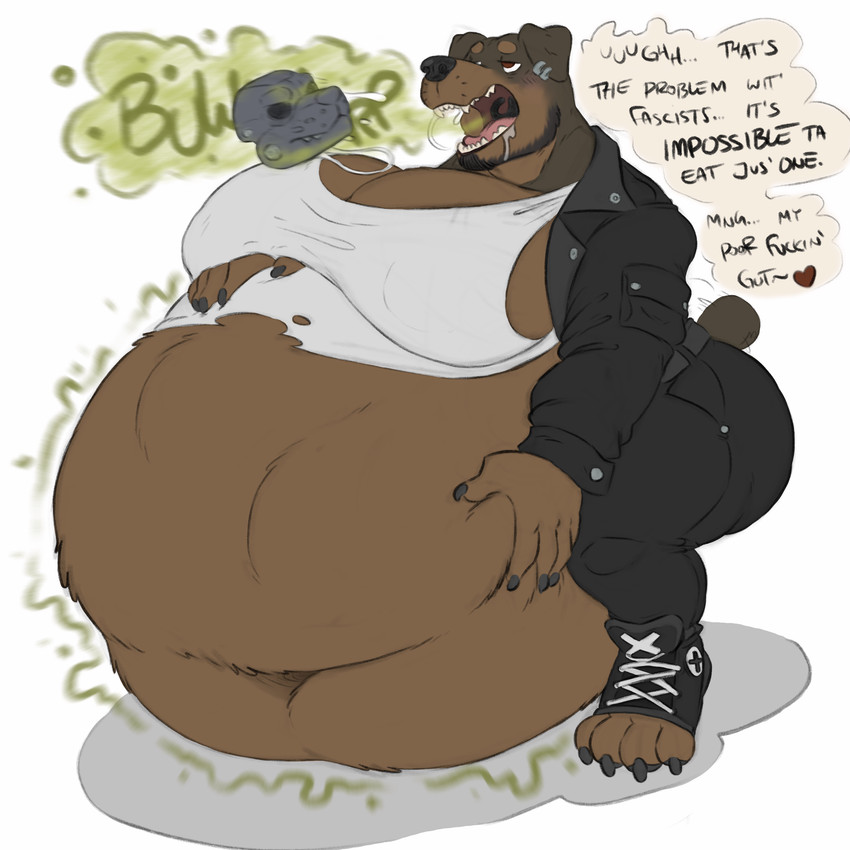 big_breasts bodily_fluids breasts burping clothing cyberpunk deep_navel drooling ear_piercing facial_hair huge_breasts hyper hyper_breasts intersex jacket leather leather_clothing leather_jacket leather_topwear male male_pred mask navel overweight paw_shoes piercing ripping_clothing saliva text topwear vore min_(artist) canid canine canis dobermann domestic_dog mammal pinscher 1:1 absurd_res english_text hi_res busty_boy_(lore)