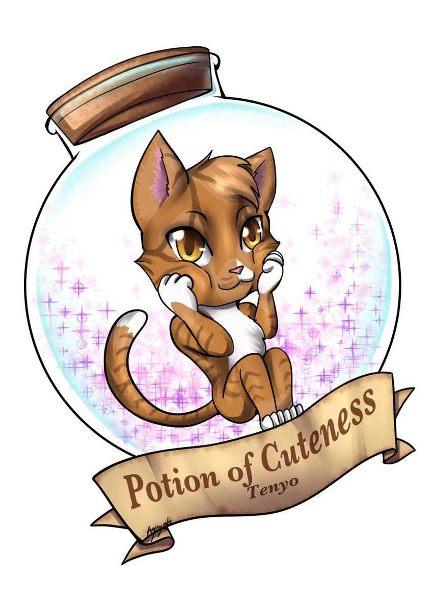 anthro badge magic_potion male potion_bottle rubbing_cheek solo young young_anthro young_male bluetoxic tenyo_cat domestic_cat felid feline felis mammal hi_res