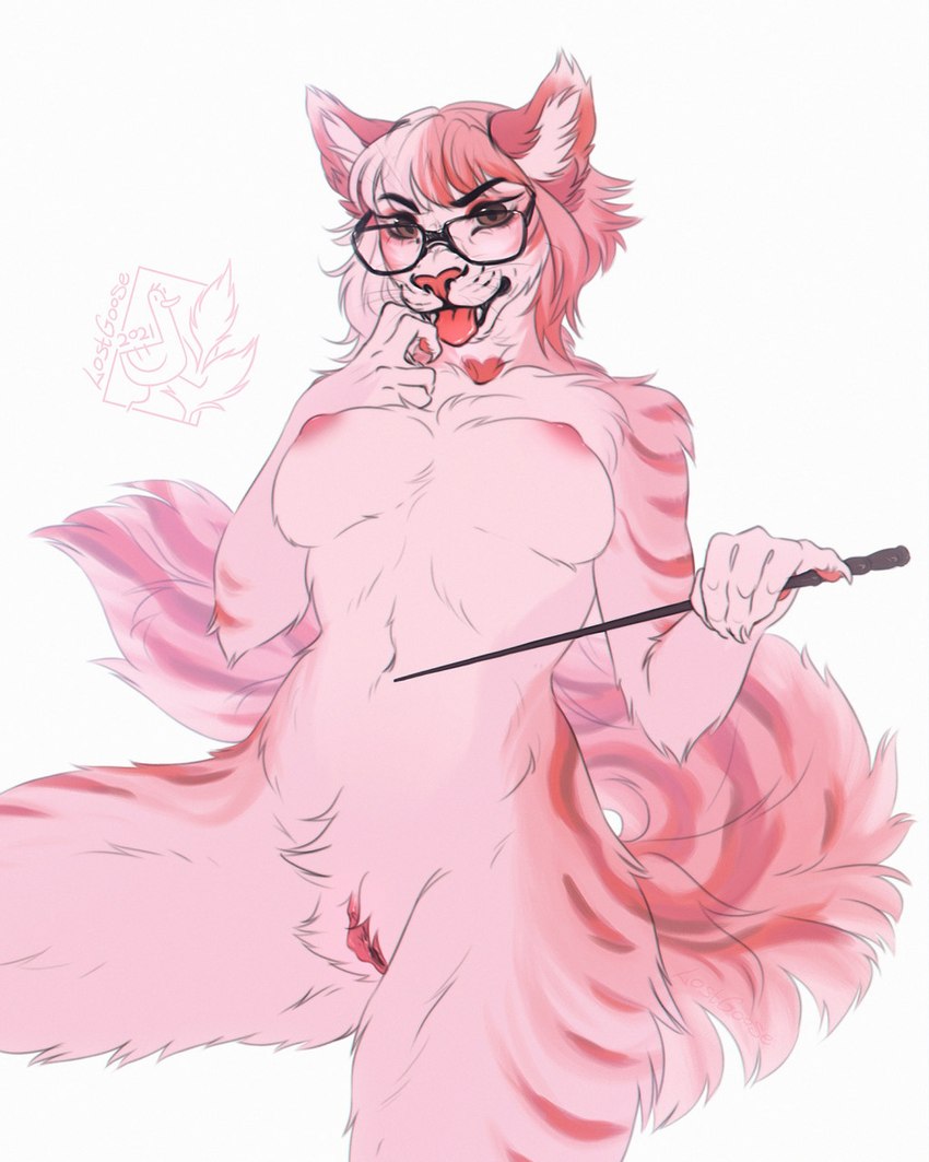 anthro big_breasts breasts brown_eyes eyewear female fluffy_ears fur genitals glasses hair inner_ear_fluff low-angle_view nipples nude pink_body pink_fur pink_hair pointer pussy solo teacher tuft lostgoose felid feline mammal 2021 4:5 hi_res