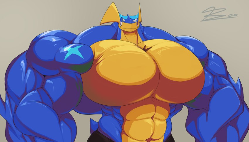 abs anthro biceps big_muscles blue_body clothed clothing huge_muscles hyper hyper_muscles male muscular muscular_anthro muscular_male pecs pink_eyes scar smile solo topless unusualboo54 nintendo pokemon zen_(unusualboo54) amphibian generation_6_pokemon greninja pokemon_(species) absurd_res hi_res