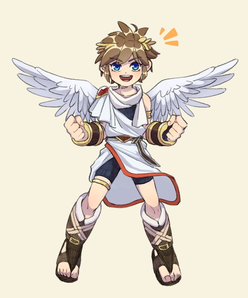 5_fingers 5_toes blue_eyes brown_hair clothing feathered_wings feathers feet fingers hair light_body light_skin looking_at_viewer male not_furry open_mouth open_smile simple_background smile solo toes wings azcbcd kid_icarus nintendo pit_(kid_icarus) angel humanoid winged_humanoid 5:6 hi_res