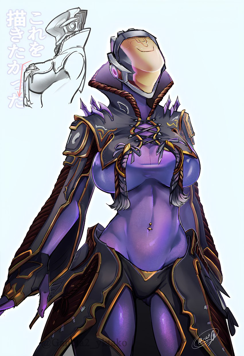 belly big_breasts breasts clothing female ganeta2_yktako male navel navel_piercing piercing red_arrow simple_background solo text thick_thighs under_boob white_background digital_extremes tencent warframe mag_(warframe) biomechanical humanoid absurd_res hi_res japanese_text