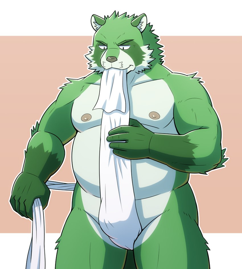 anthro asian_clothing belly clothing east_asian_clothing fundoshi fur green_body green_fur humanoid_hands japanese_clothing kemono male moobs nipples overweight overweight_anthro overweight_male solo underwear jacklantern_11 canid canine mammal raccoon_dog tanuki 2021