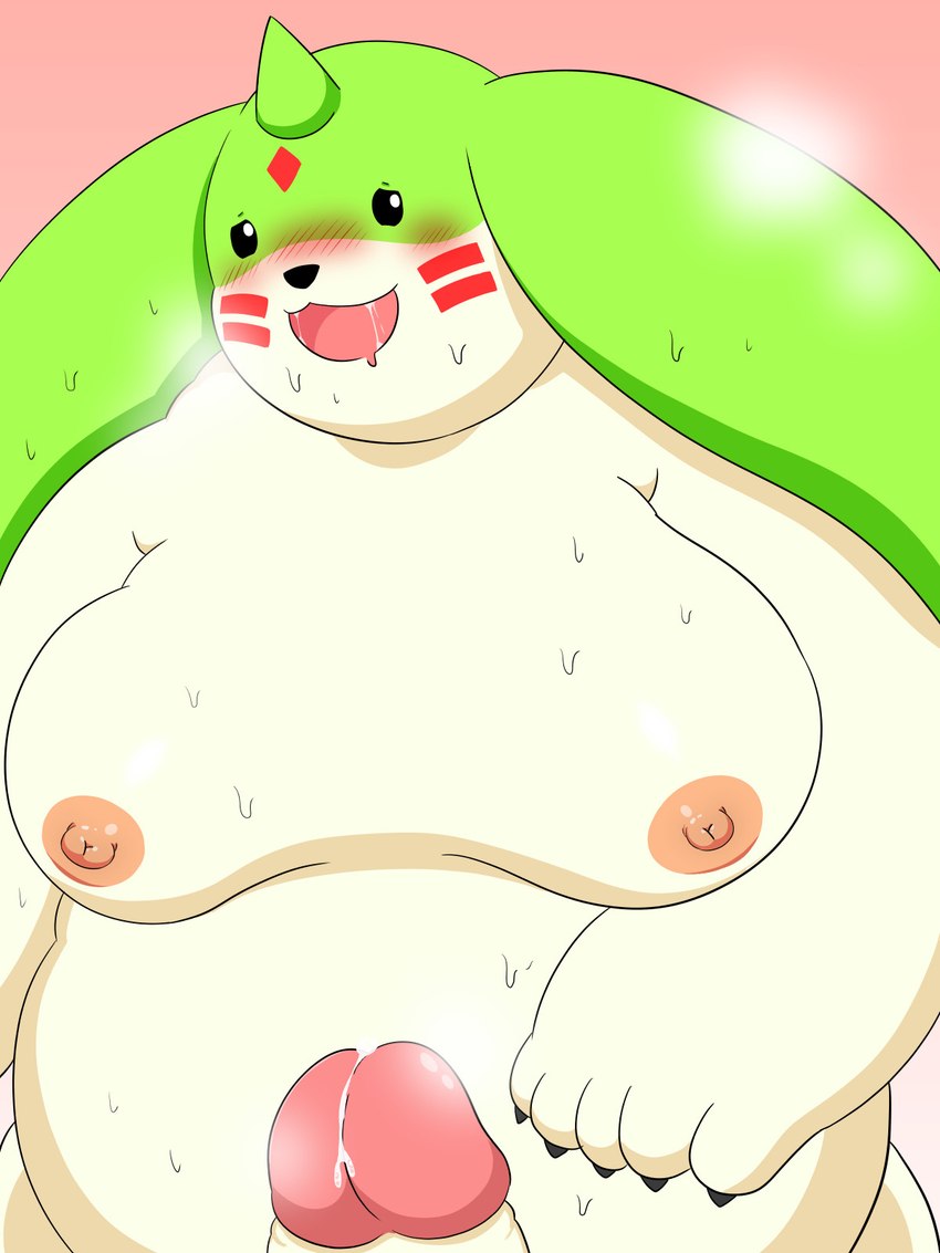 anthro belly big_belly blush bodily_fluids erection genitals kemono male moobs nipples overweight overweight_male penis simple_background solo sweat tukiguma761 bandai_namco digimon digimon_(species) gargomon mammal 2024 3:4 hi_res