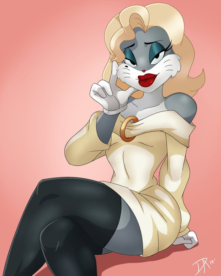 anthro clothed clothing crossdressing crossed_legs drag_(fashion) drag_queen eyeshadow femboy gloves hair handwear makeup male markings mole_(marking) sitting solo white_clothing white_gloves white_handwear dalley-the-alpha looney_tunes warner_brothers bugs_bunny marilyn_monroe lagomorph leporid mammal rabbit 2019 4:5 hi_res signature