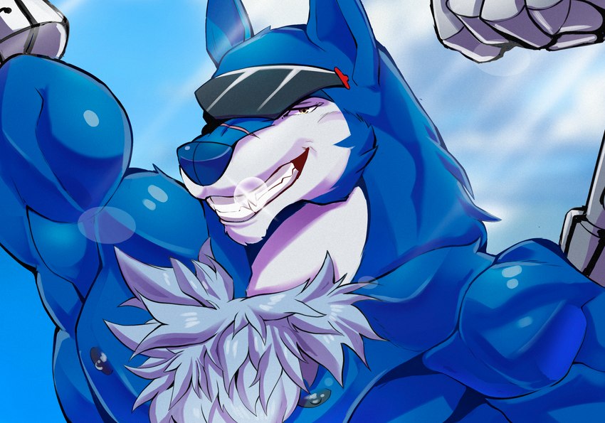 barazoku muscular pecs blazar bandai_namco digimon canid canine canis digimon_(species) machgaogamon mammal wolf hi_res