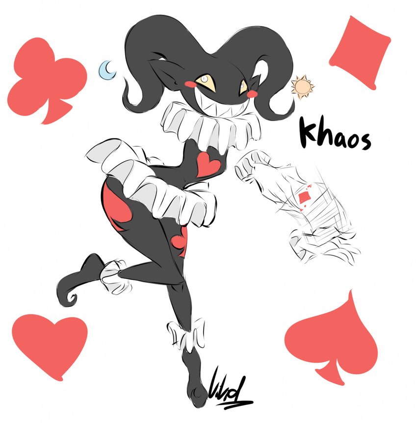 armless black_body black_skin blush blush_stickers bottomwear card clothing clubs_(marking) clubs_(suit) dancewear diamonds_(suit) disembodied_hand female grin half-closed_eyes head_tails heart_(marking) hearts_(suit) humanoid_pointy_ears jester jester_outfit markings narrowed_eyes playing_card pointy_ears sharp_teeth simple_background skirt smile solo spades_(marking) spades_(suit) suit_symbol teeth tutu white_background yellow_sclera dullvivid khaos_(dullvivid) demon demon_humanoid humanoid hi_res