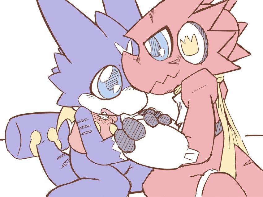 anthro blue_eyes blush duo electronics hand_holding headphones male male/male purple_body red_body scarf tail wings a_midnight_cat bandai_namco digimon digimon_xros_wars mythology digimon_(species) dragon gumdramon mythological_creature mythological_scalie scalie shoutmon 4:3 hi_res