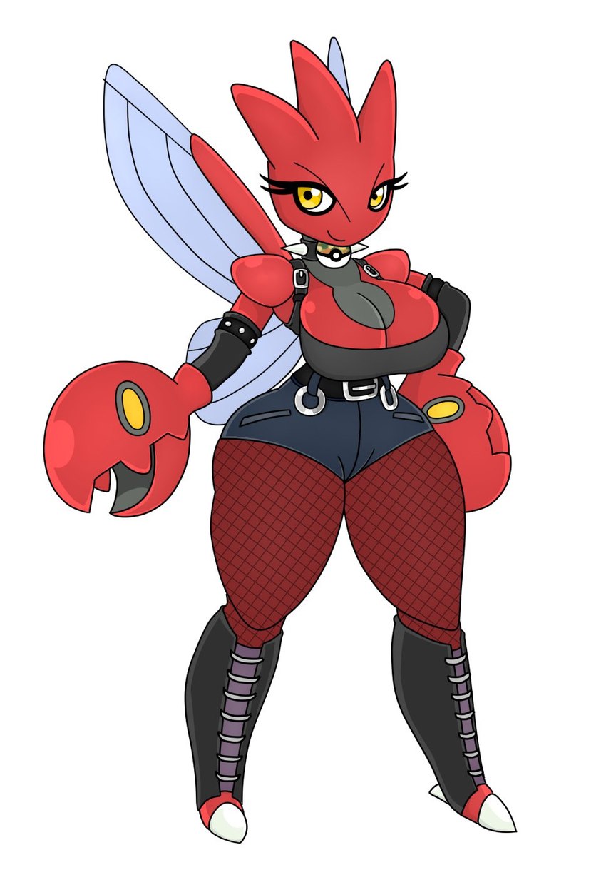 anthro armwear big_breasts bottomwear breasts claws clothed clothing collar female legwear pokeball red_body shirt shorts simple_background solo spikes stockings topwear white_background wings yellow_eyes urusee584 nintendo pokemon arthropod generation_2_pokemon pokemon_(species) scizor hi_res