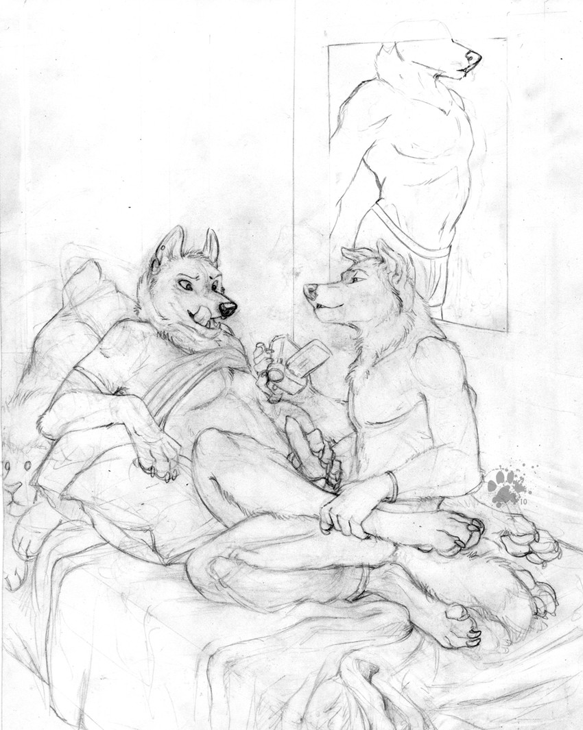 4_toes 5_fingers animal_genitalia animal_penis anthro bed bedroom bottomless bottomwear boxer_briefs bracelet camera canine_genitalia canine_penis claws clothed clothing denim denim_bottomwear denim_clothing digitigrade duo ear_piercing erection feet finger_claws fingers fur furniture genitals hindpaw inside jewelry knot licking licking_lips lying male male/male masturbation on_back on_bed pants pawpads paws penile penile_masturbation penis piercing pillow plushie poster_(object) raised_clothing raised_shirt raised_topwear self_lick shirt tail toe_claws toes tongue tongue_out topless topwear underwear video_camera blotch scratches_volume_4 bird_dog canid canine canis domestic_dog golden_retriever hunting_dog husky mammal nordic_sled_dog retriever spitz 2009 hi_res monochrome sketch traditional_media_(artwork)