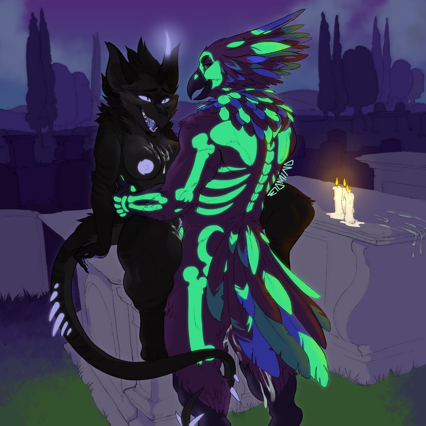 anthro back_towards_viewer bodily_fluids breasts cemetery cum cum_covered cum_inside cumming_while_penetrating duo ejaculation eye_contact feathers female genital_fluids genitals glowing glowing_cum glowing_eyes glowing_genitalia glowing_horn glowing_markings grabbing_waist horn long_tail looking_at_another male male/female markings messy penetration penis pussy sex spiked_tail spikes spikes_(anatomy) standing standing_sex tail tail_feathers tail_wrapped_around unusual_bodily_fluids unusual_cum unusual_genital_fluids vaginal vaginal_penetration edwino22 mythology lanoxin montezuma_(darkdragonind1998) avian bird dragon hybrid mythological_creature mythological_scalie scalie 1:1 hi_res