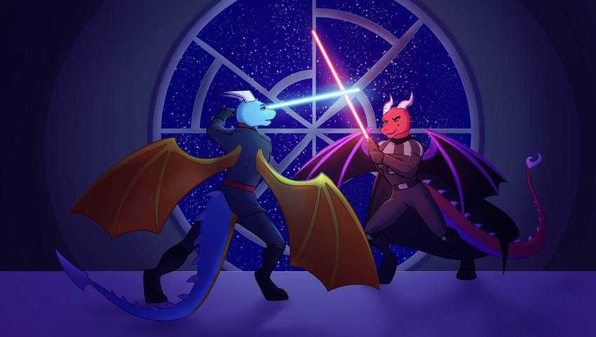 anthro black_wings blocking blue_body blue_lightsaber blue_scales clothed clothing cosplay dark_clothing dominant dominant_female duel duo female fight green_eyes jedi lightsaber male male/female melee_weapon orange_wings pink_eyes red_body red_lightsaber red_scales robe scales sith space spiked_tail spikes spikes_(anatomy) tail weapon window wings wildlion mythology star_wars amber_(brighton1138) brighton_(brighton1138) dragon mythological_creature mythological_scalie scalie hi_res brother_(lore) brother_and_sister_(lore) sibling_(lore) sister_(lore) twins_(lore)